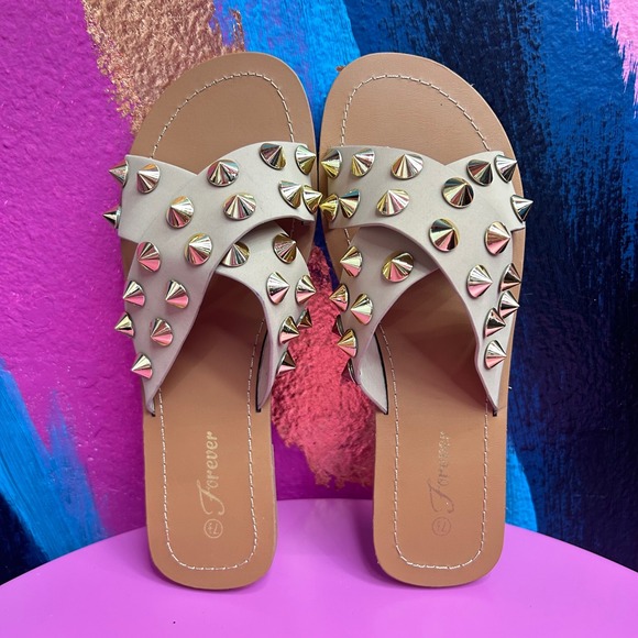 Forever Shoes - Forever Women 7.5 Sandals Taupe Studded Criss Cross Slide Dorit-68 New